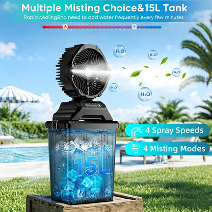 Summer Essential: Outdoor Portable Mist Cooling Fan | Multi-Speed Mist & LED Light for Camping & Patio