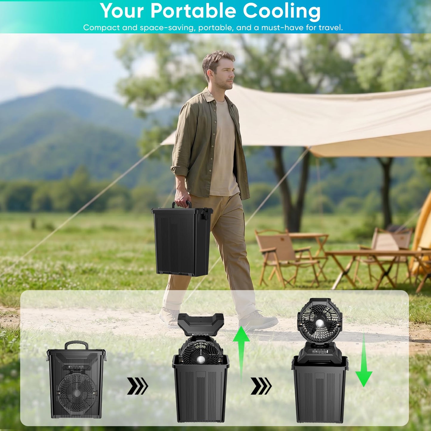 Summer Essential: Outdoor Portable Mist Cooling Fan | Multi-Speed Mist & LED Light for Camping & Patio